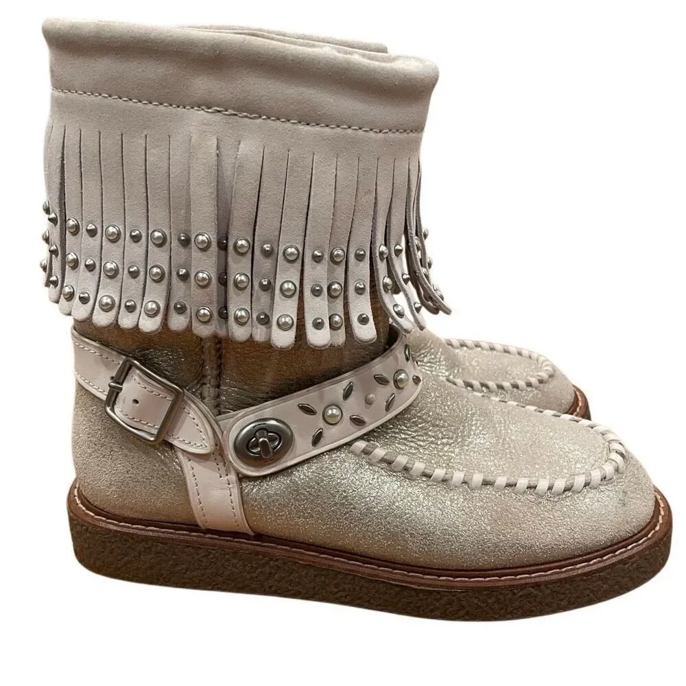 Coach Womens Roccasin Shearling Boots 6 B Fringe Studs Cowgirl Chic Apres Ski